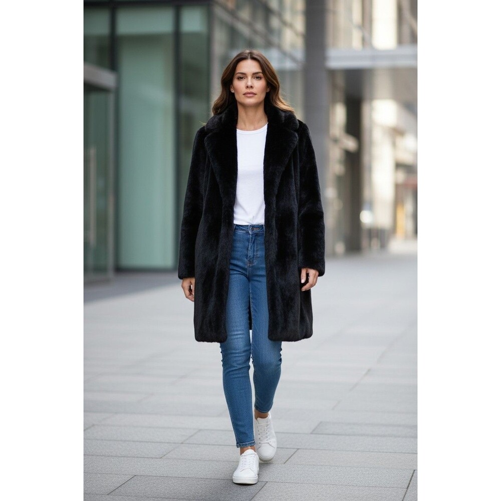 Calvin Klein Black Faux Fur Long Winter Coat Women’s Medium